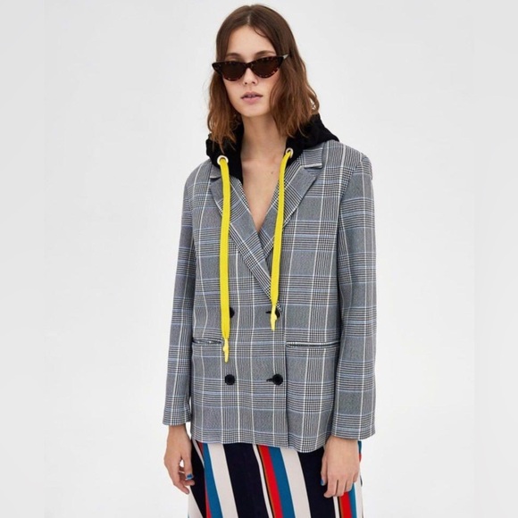 ZARA TRF Plaid Check Blazer Jacket w/ Hoodie & Yellow Drawstrings Sz M - Picture 1 of 8